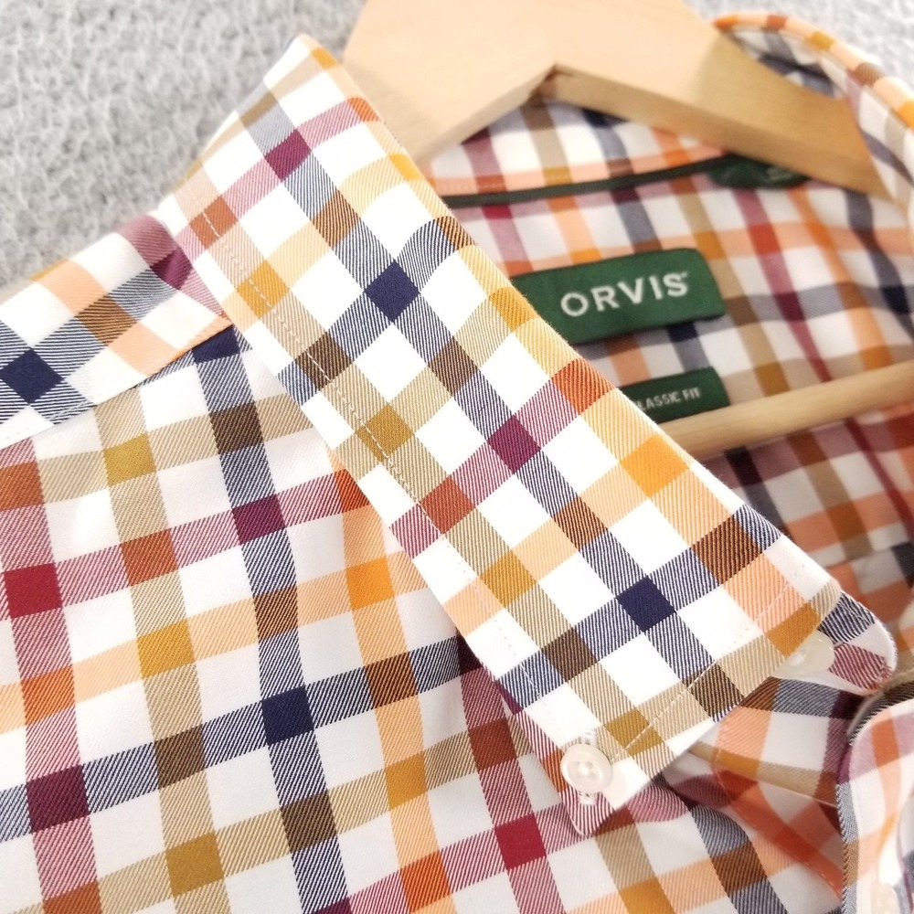 Orvis Shirt Mens XL White Wrinkle Free Trail Plaid Outdoor Dress Causual Stretch